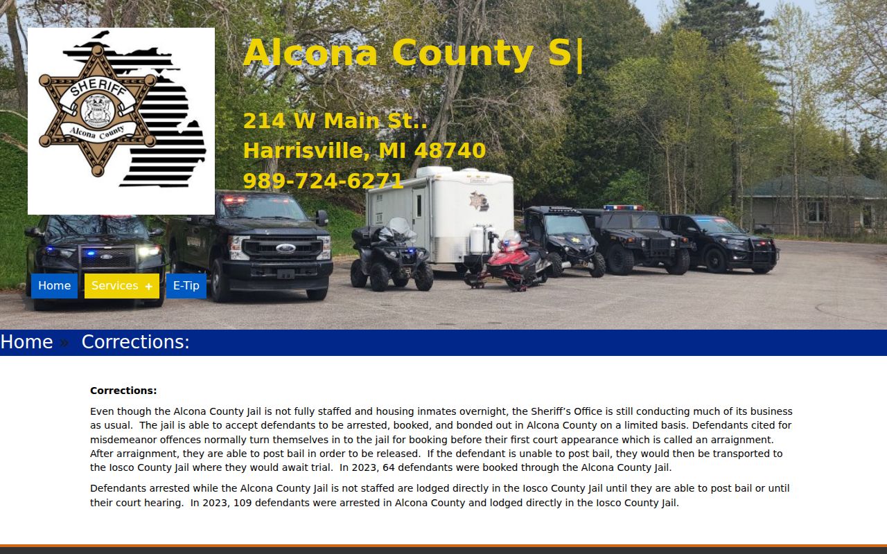 Alcona Sheriff explanation of limited booking and Iosco County lodging