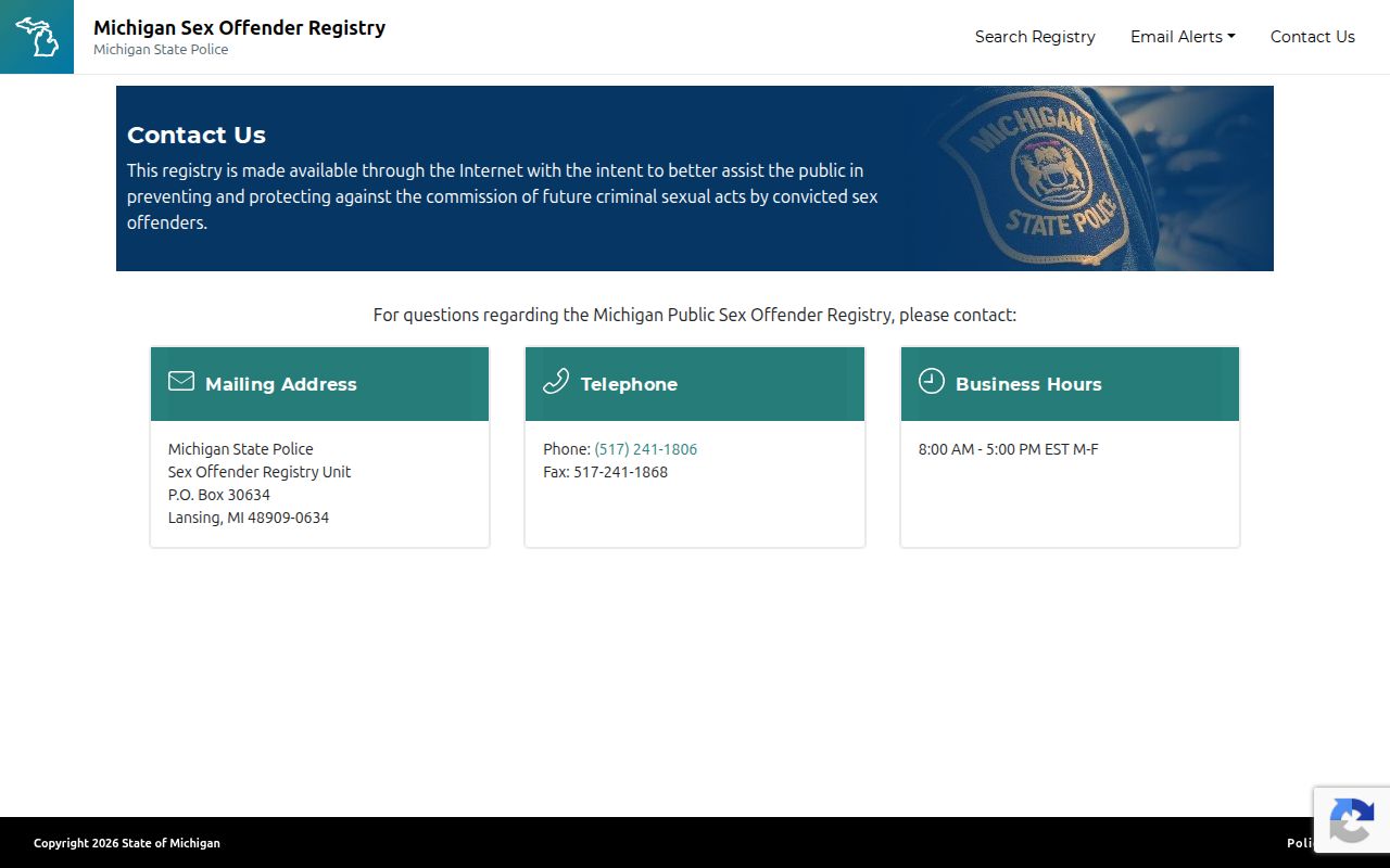 Alcona County sex offender registry contact page for the Michigan SOR Unit
